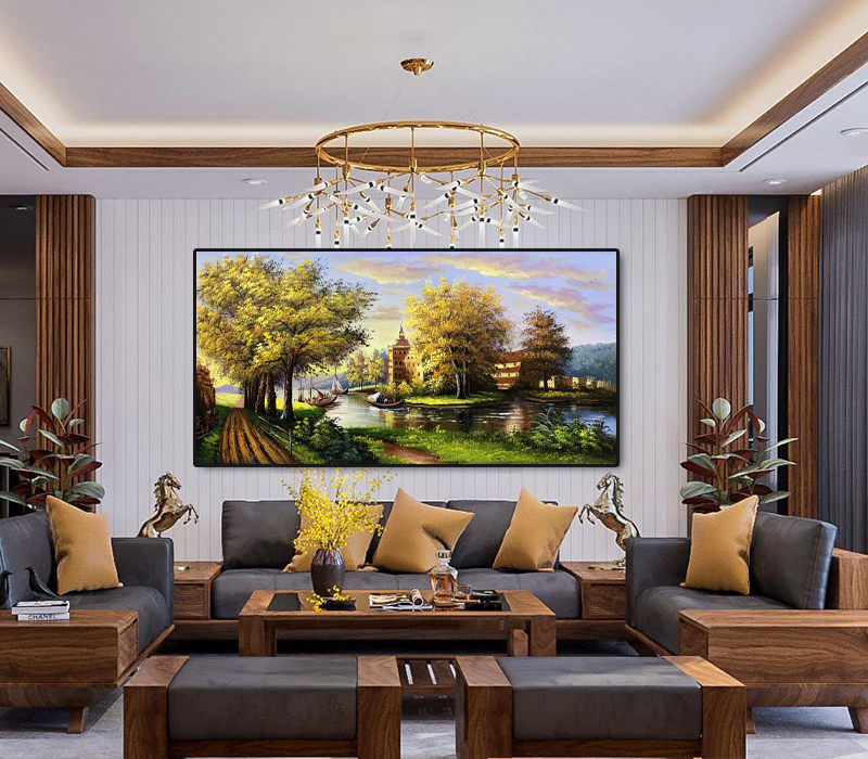 Tranh sơn dầu làng quê Châu Âu đẹp bình yên 135x75cm