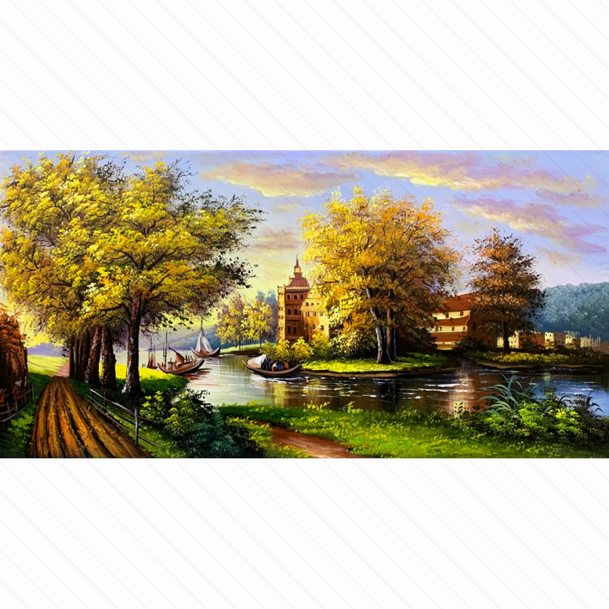Tranh sơn dầu làng quê Châu Âu đẹp bình yên 135x75cm 