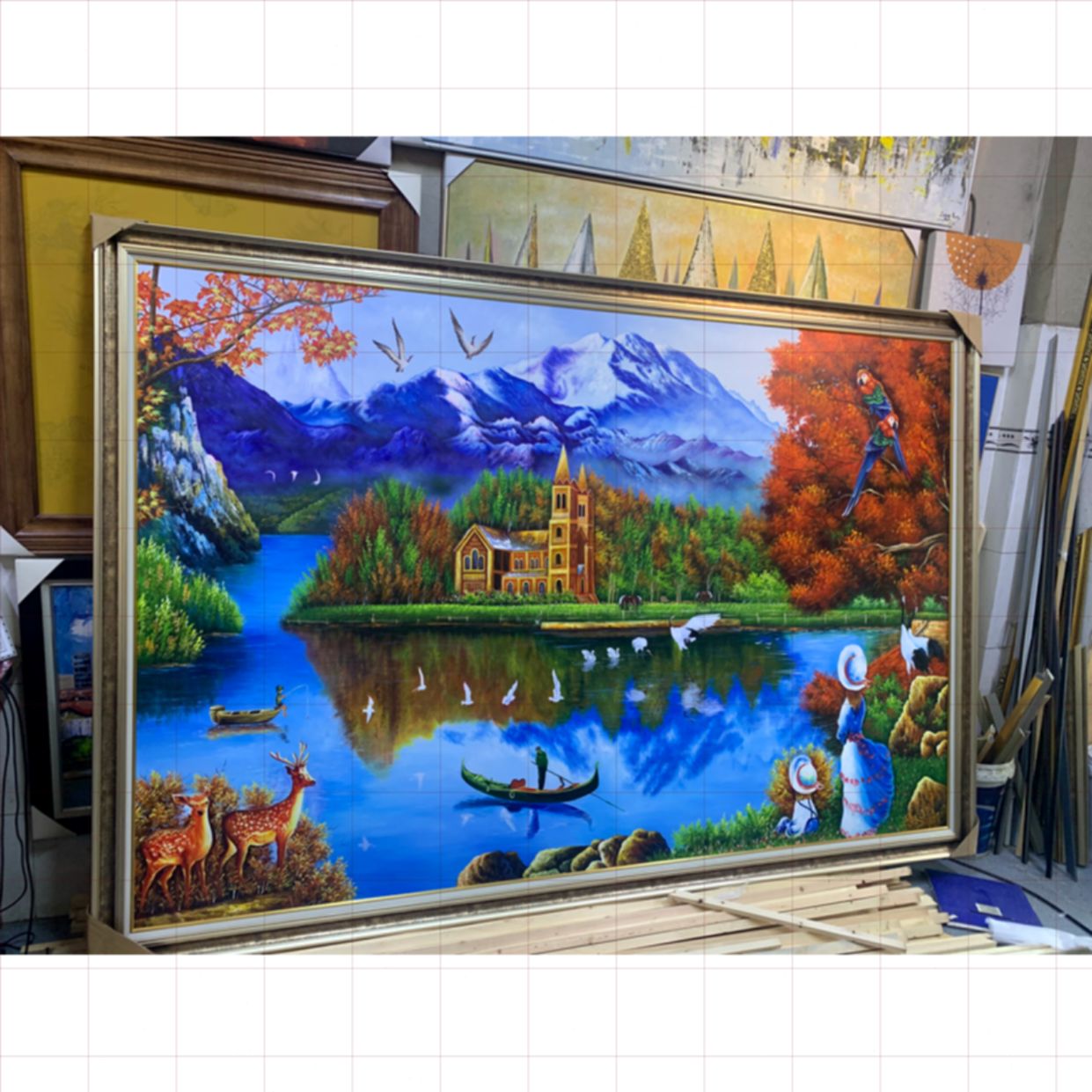Tranh sơn dầu phong cảnh hồ nước đẹp, vẽ tay 100%, tranh treo tường 