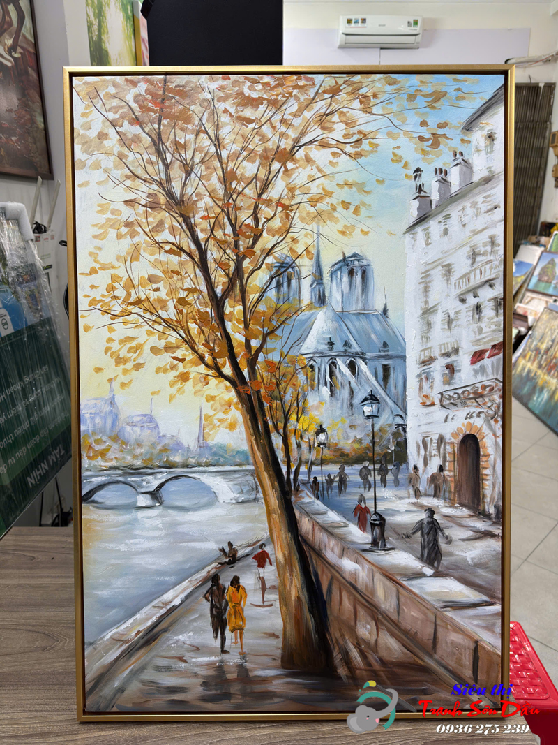 Tranh sơn dầu Góc Phố Paris lá vàng 90x60 độc đáo trang trí