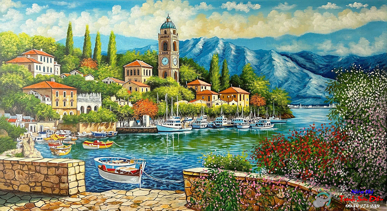 Tranh sơn dầu Italy đẹp thành phố biển treo tường chất lượng cao