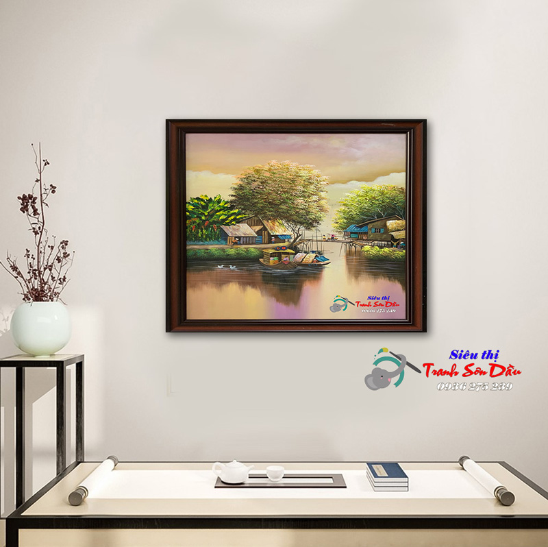 Tranh Phong Cảnh Miền Quê Sông Nước Sơn Dầu Canvas Khung Gỗ Hàn Quốc