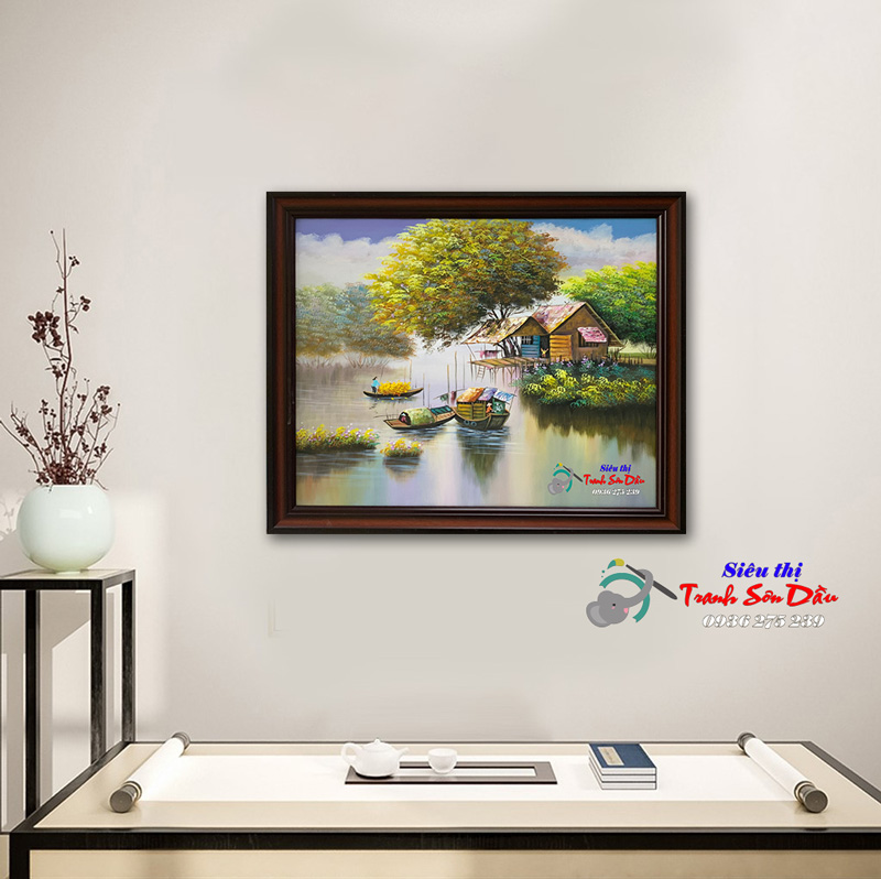 Tranh phong cảnh dòng sông thôn quê sơn dầu thu hút