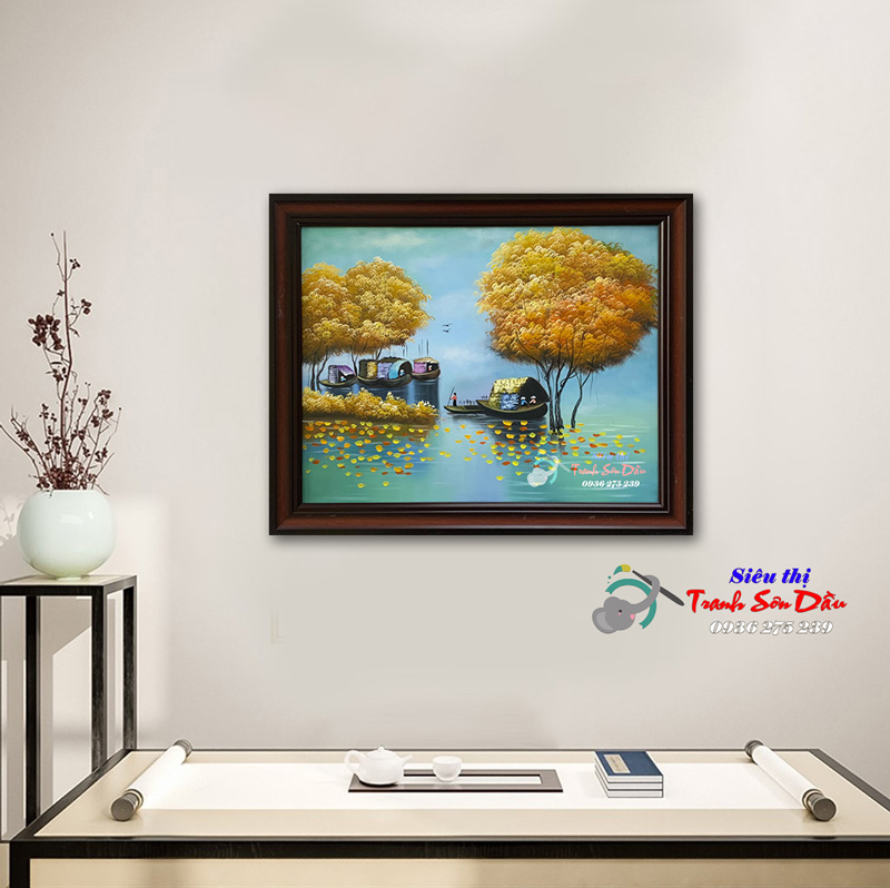 Tranh Phong Cảnh Làng Chài Dưới Sông Sơn Dầu Đẹp Có Khung