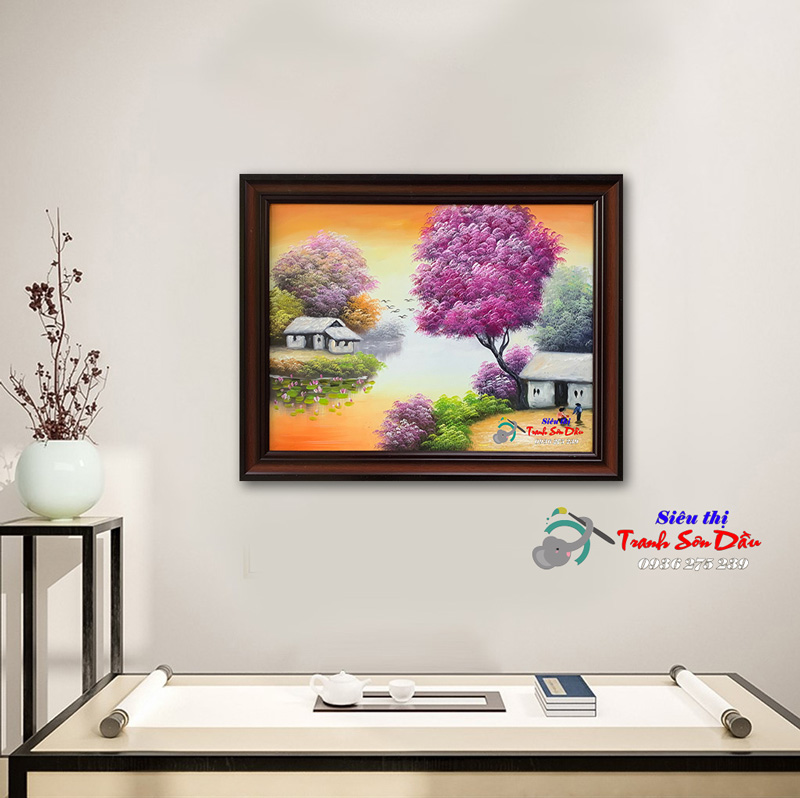 Tranh phong cảnh làng sông hoàng hôn sơn dầu vải canvas khung gỗ