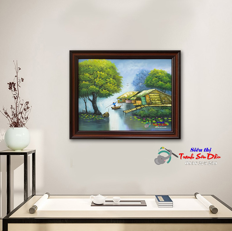 Tranh phong cảnh nhà tranh trên sông sơn dầu 100% tay họa sĩ Minh Hưng