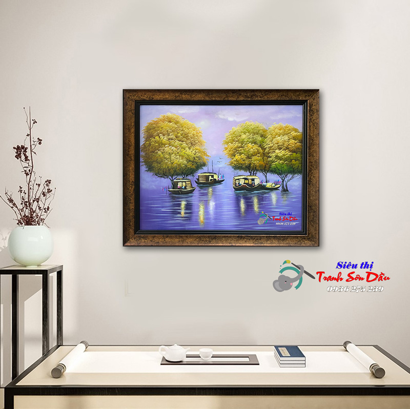 Tranh phong cảnh làng chài đêm sơn dầu 70x90cm khung gỗ nhập khẩu
