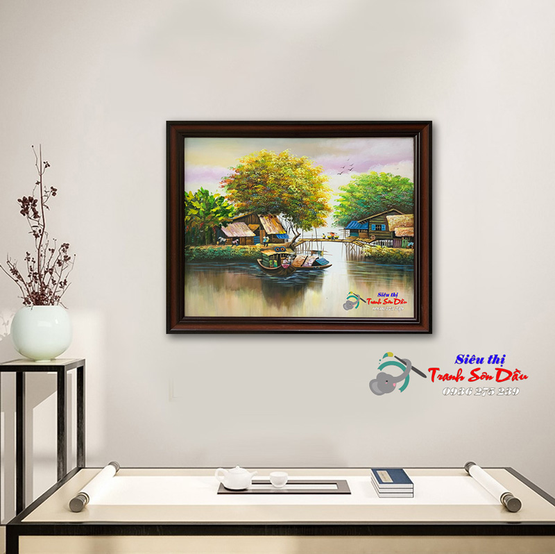 Tranh Phong Cảnh Chợ Làng Chài Sơn Dầu Canvas Nhập Khẩu Khung Composite
