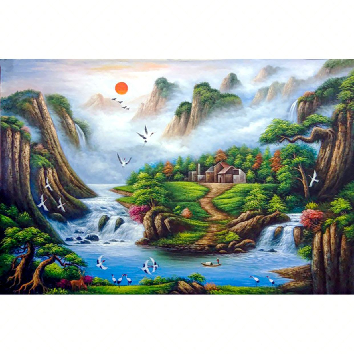 Tranh sơn dầu Nhật Xuất Thiên Sơn đẹp chân thực chất lượng cao 