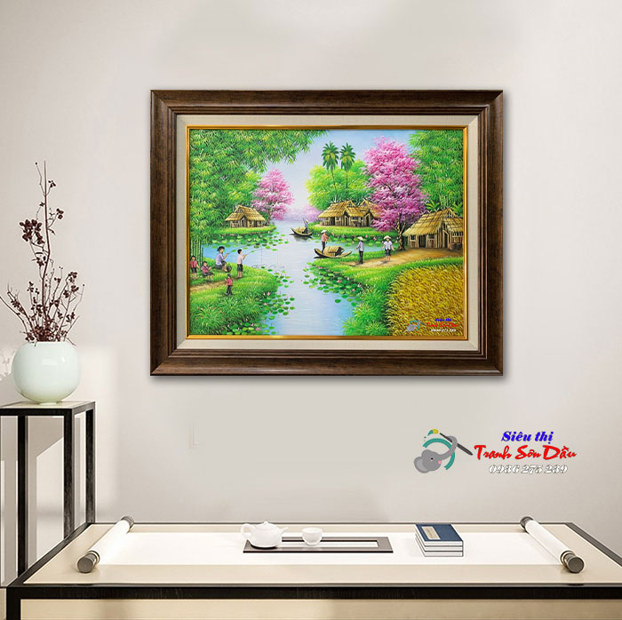 Tranh phong cảnh đồng quê bờ sông sơn dầu canvas nhập khẩu đẹp 72cm