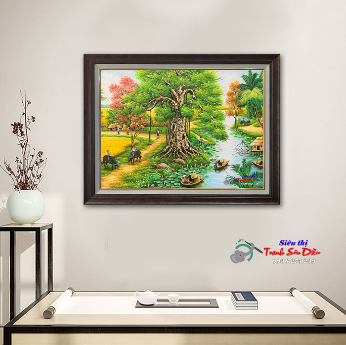 Tranh Đồng Quê Cây Đa Bên Sông STT262 Sơn Dầu 72cm Khung Gỗ