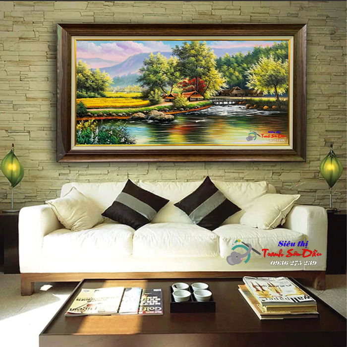 Tranh dòng suối làng quê sơn dầu canvas kích thước lớn đẹp