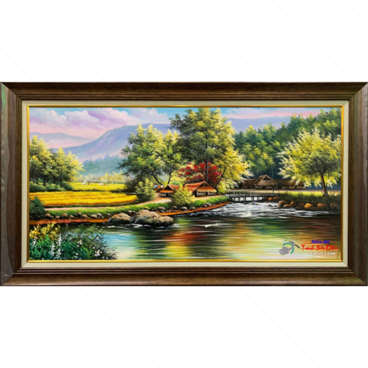 Tranh dòng suối làng quê sơn dầu canvas kích thước lớn đẹp 