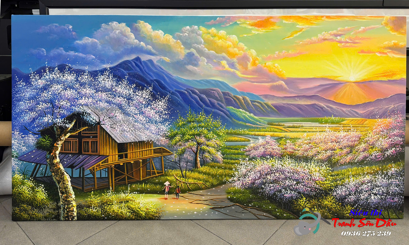 Tranh sơn dầu bình minh Tây Bắc tranh đẹp treo tường sang trọng