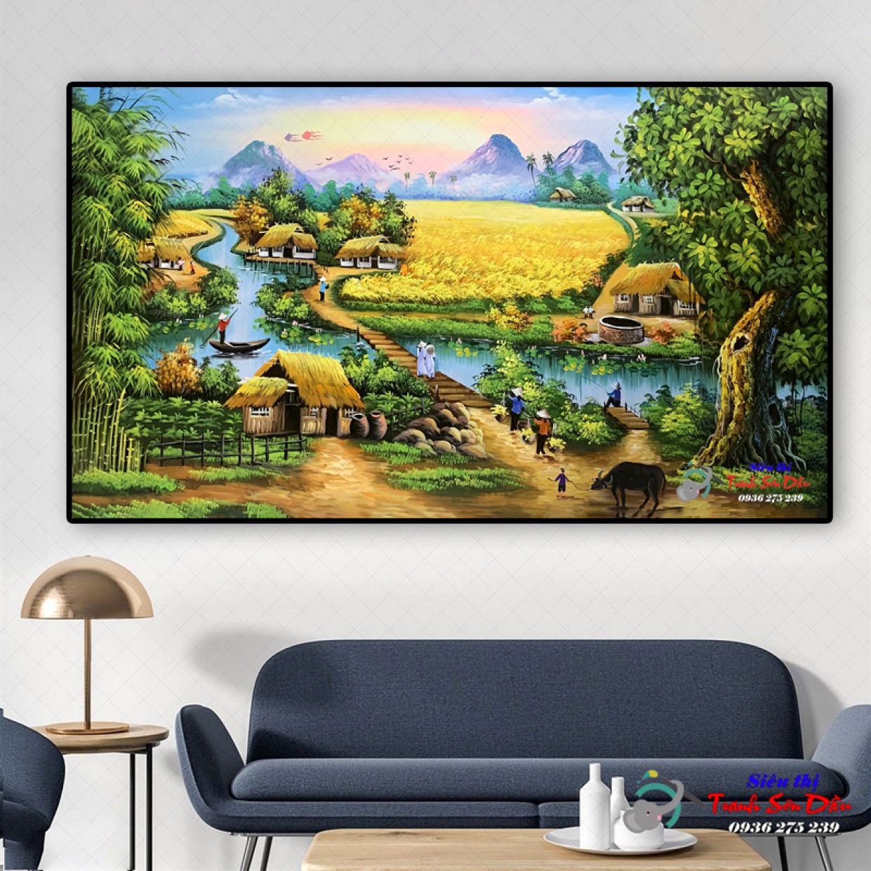 Tranh đồng quê treo phòng khách đẹp, sơn dầu canvas cao cấp 