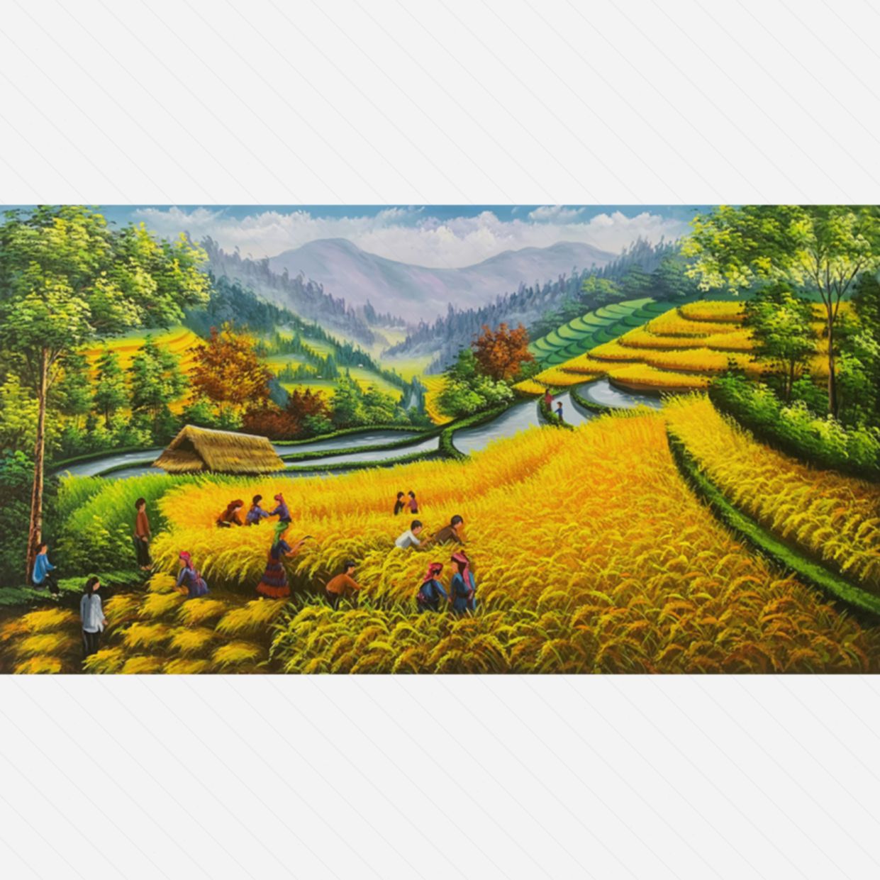 Tranh sơn dầu đồng quê gặt lúa đẹp độc đáo Minh Hưng 