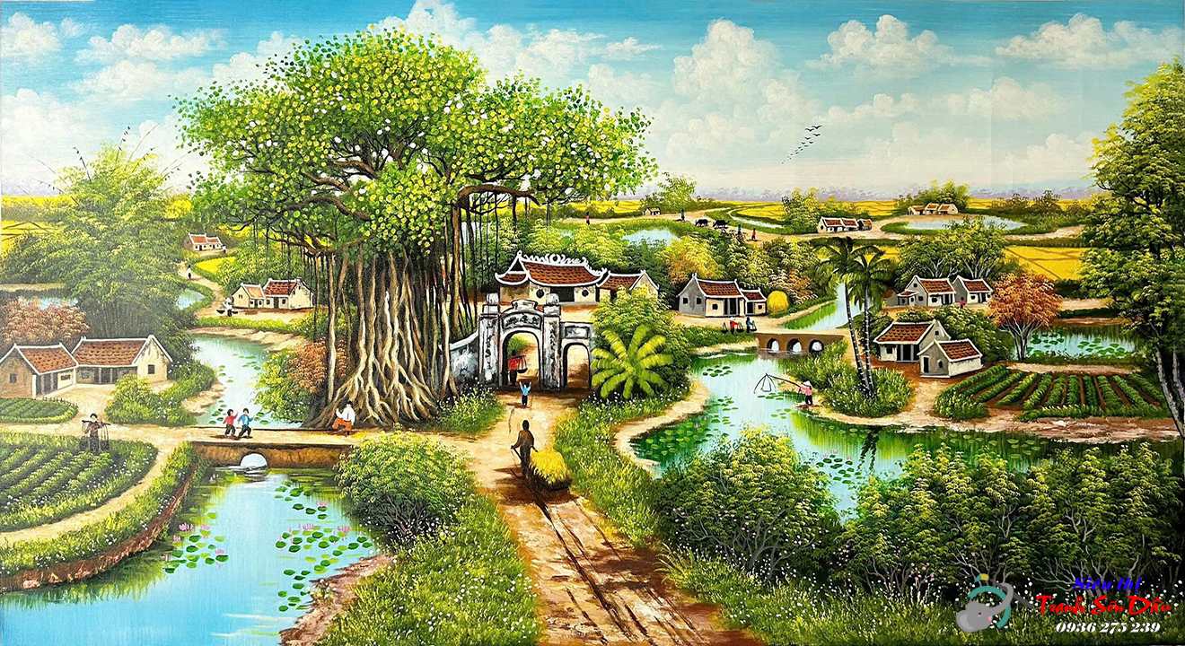 Tranh sơn dầu làng quê yên bình STT569 tranh treo tường đẹp