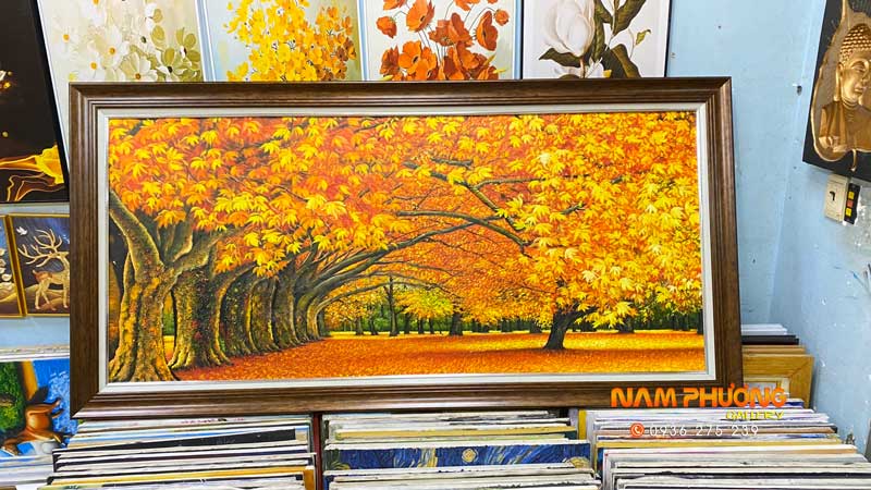 Tranh sơn dầu hàng cây vàng tranh treo tường decor 160x80 đẹp