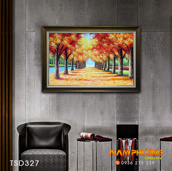 Tranh sơn dầu hàng cây lá đỏ 90x60cm tranh canvas đẹp độc đáo