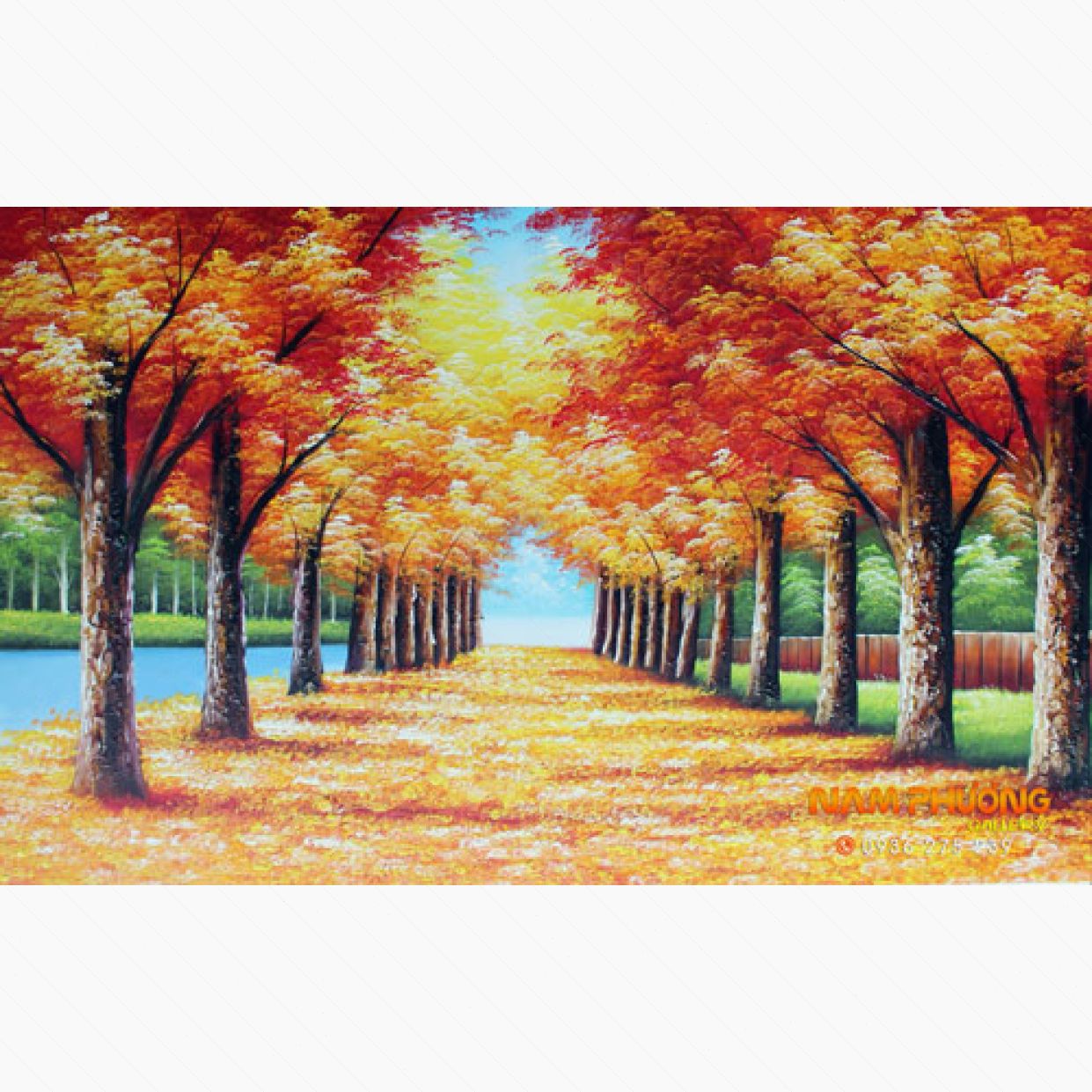 Tranh sơn dầu hàng cây lá đỏ 90x60cm tranh canvas đẹp độc đáo 