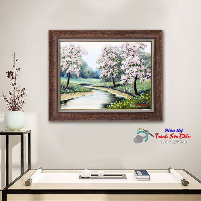 Tranh sơn dầu phong cảnh dòng suối nghệ thuật trang trí sang trọng