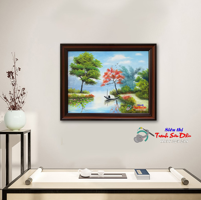 Tranh phong cảnh làng sông bình minh tranh sơn dầu đẹp canvas