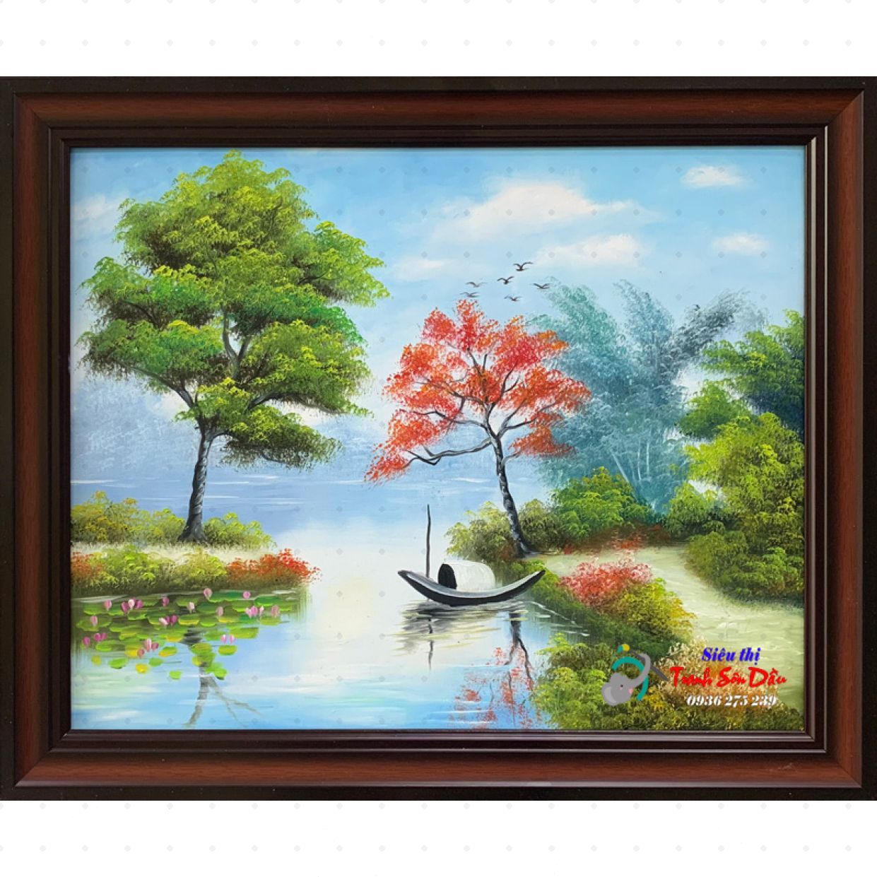 Tranh phong cảnh làng sông bình minh tranh sơn dầu đẹp canvas 
