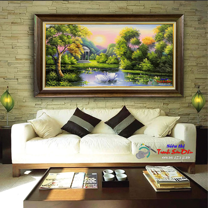 Tranh phong cảnh thiên nga gia đình đẹp canvas sơn dầu cao cấp STT270