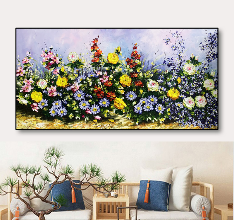 Tranh sơn dầu hoa hồng vàng 135x75cm phòng khách sang trọng