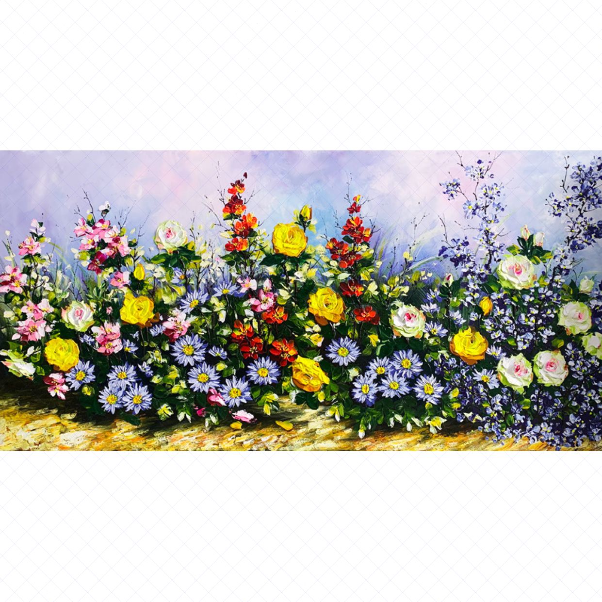 Tranh sơn dầu hoa hồng vàng 135x75cm phòng khách sang trọng 