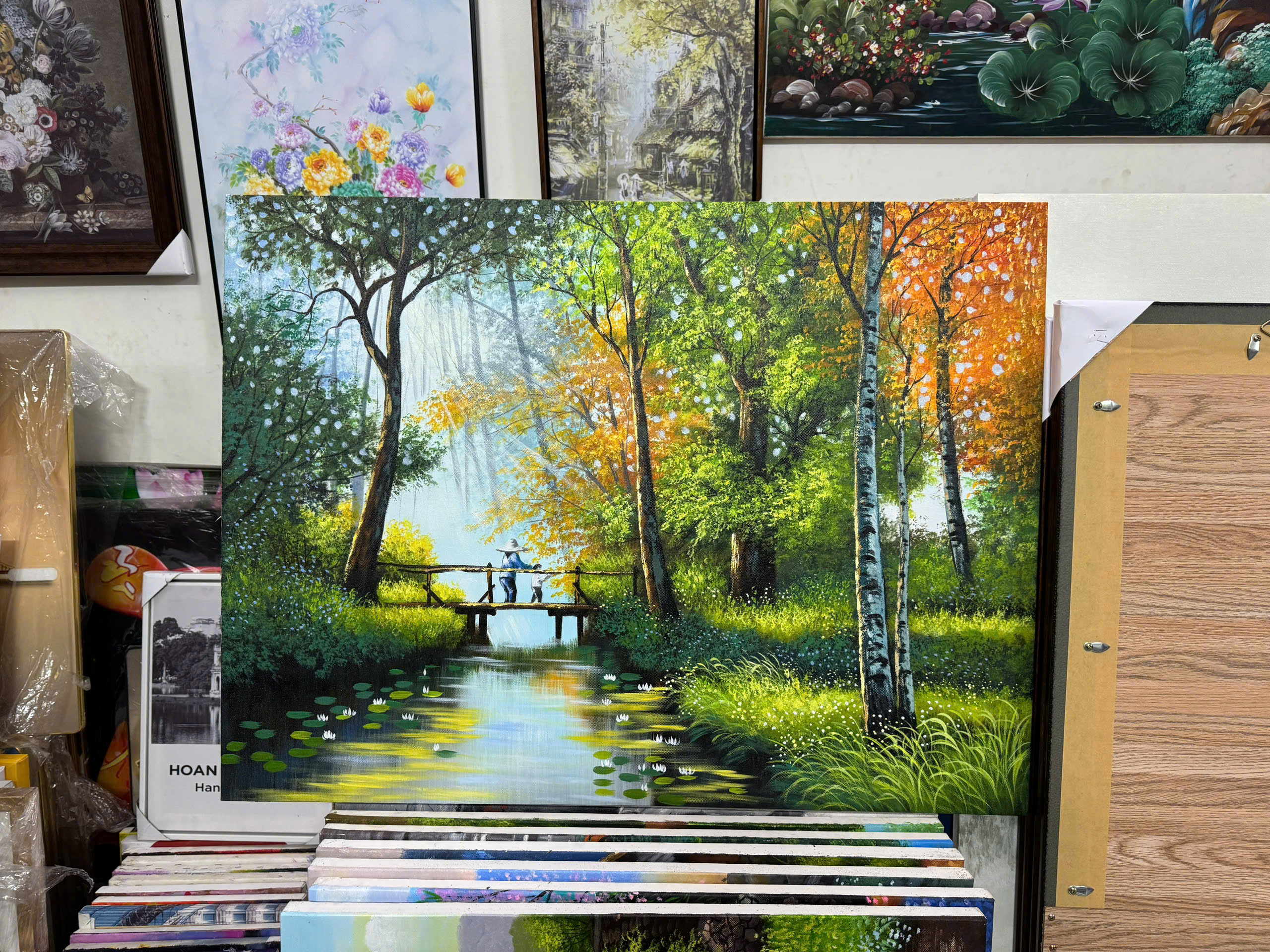 Tranh sơn dầu Qua Cầu Lúc Sớm Mai 80x60 độc đáo treo tường