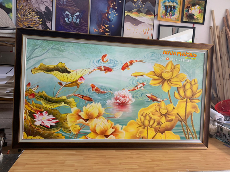 Tranh Sơn Dầu Cửu Ngư Quần Hội Vàng 150x80 Đẹp Tặng Khung