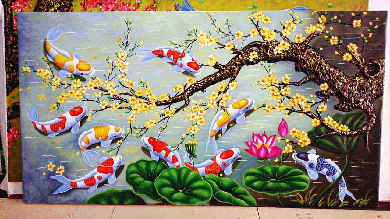 Tranh Cửu Ngư Quần Hội TPT085 Sơn Dầu Handmade Đẹp Giá Tốt