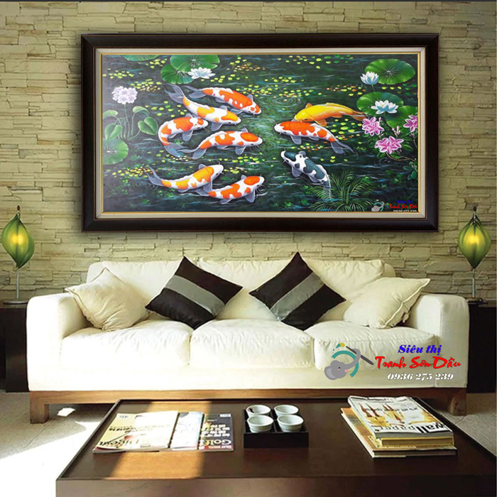 Tranh sơn dầu cửu ngư quần hội đẹp THD034 tặng may mắn