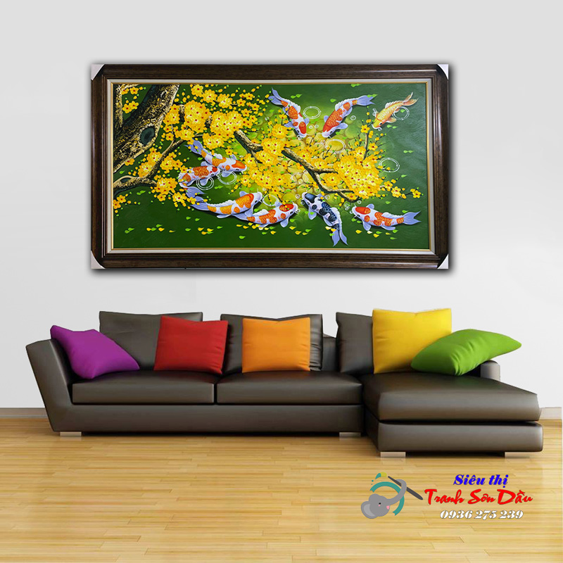 Tranh cửu ngư quần hội hoa mai vàng đẹp độc đáo, tặng quà ý nghĩa