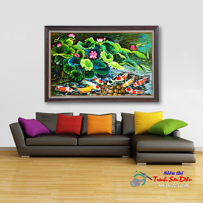 Tranh sơn dầu Cửu Ngư quần hội đẹp treo tường Minh Hưng