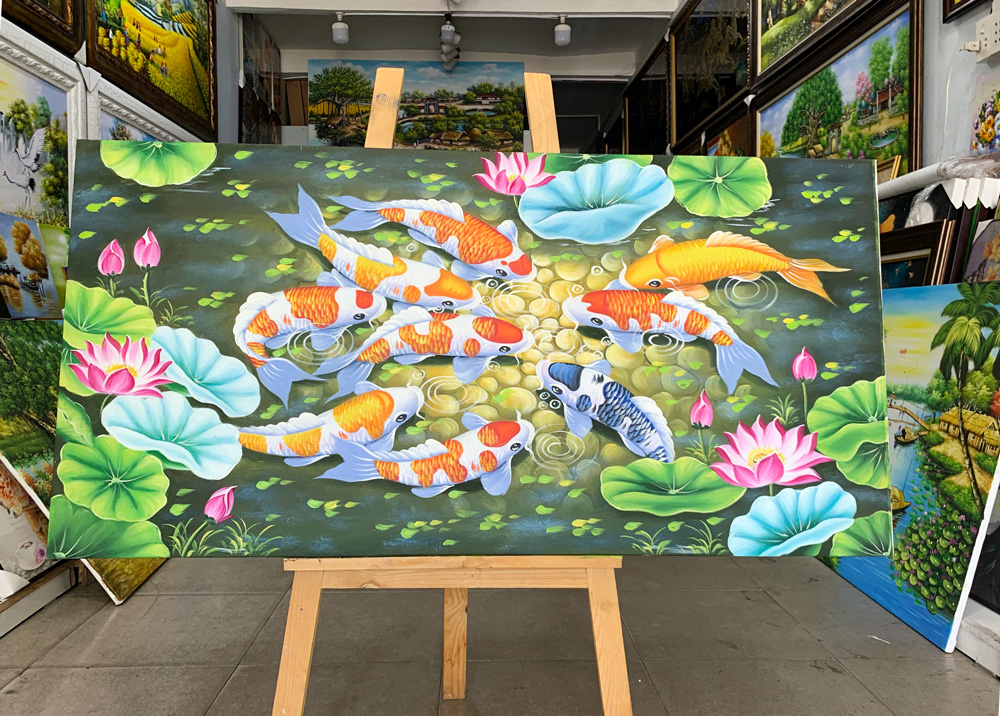Tranh cửu ngư quần hội hoa sen tranh sơn dầu canvas đẹp