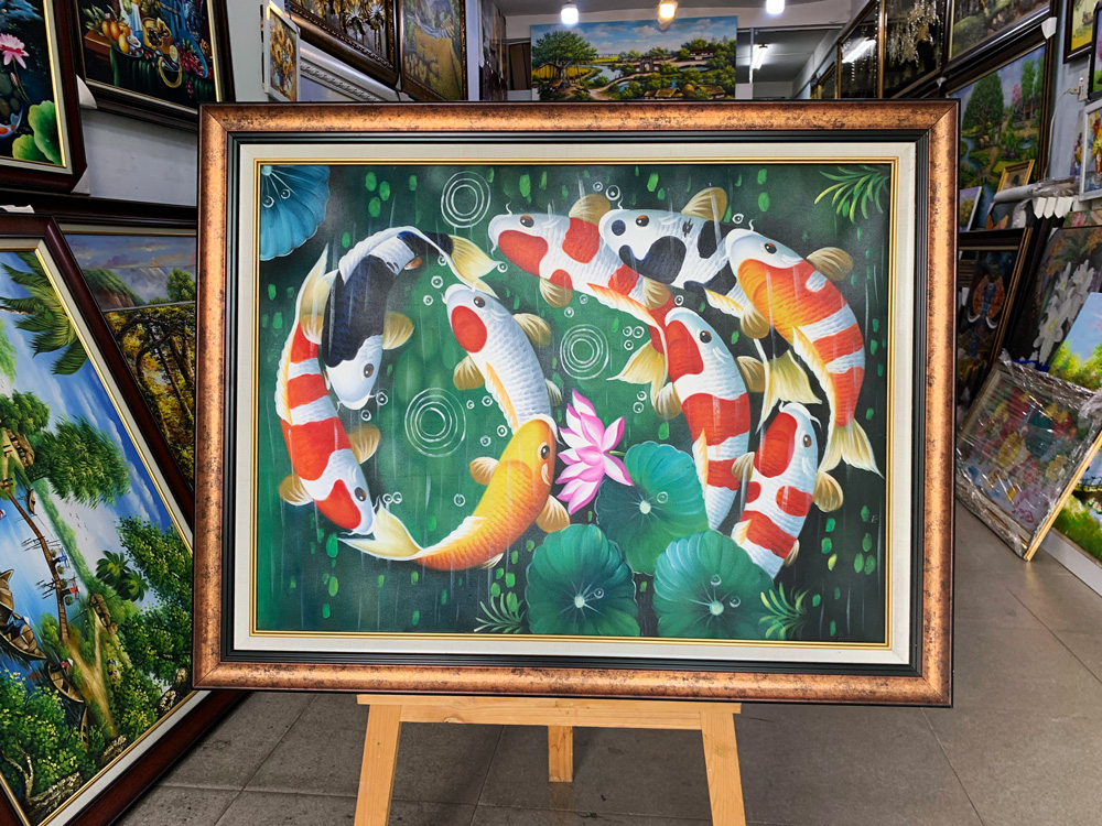Tranh cá cửu ngư may mắn sơn dầu 90x70 kích thước tùy chọn