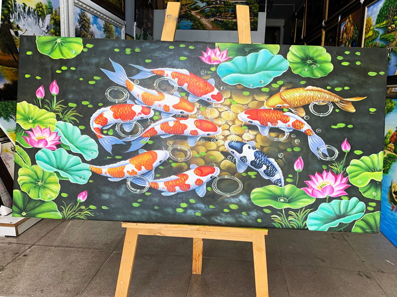 Tranh cá cửu ngư quần hội sen vẽ tay tranh sơn dầu đẹp giá tốt