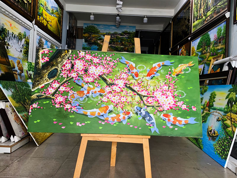 Tranh cửu ngư quần hội hoa đào tranh sơn dầu đẹp canvas cao cấp