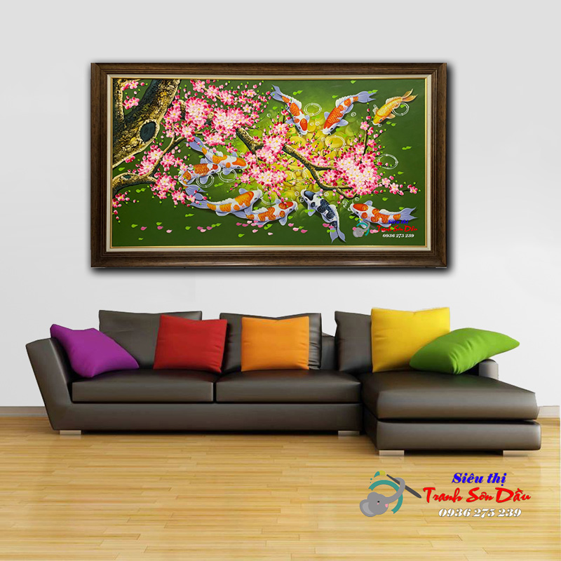 Tranh cửu ngư quần hội hoa mai tím đẹp độc đáo tặng quà ý nghĩa