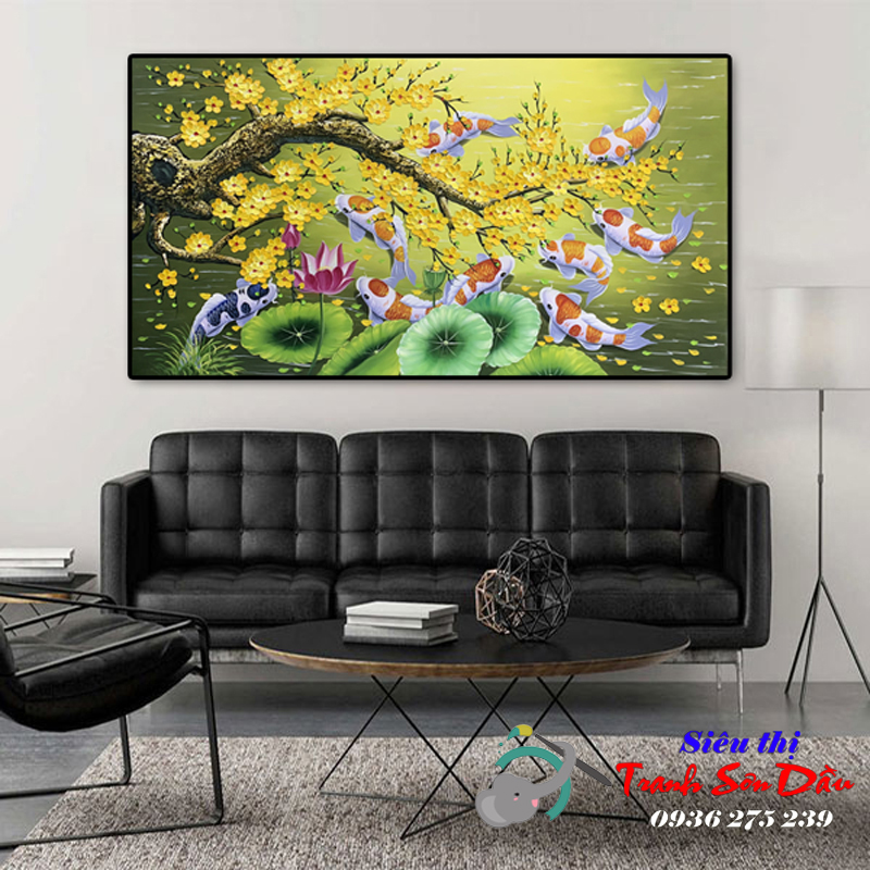 Tranh cửu ngư quần hội hoa mai sang trọng, vẽ tay 100%
