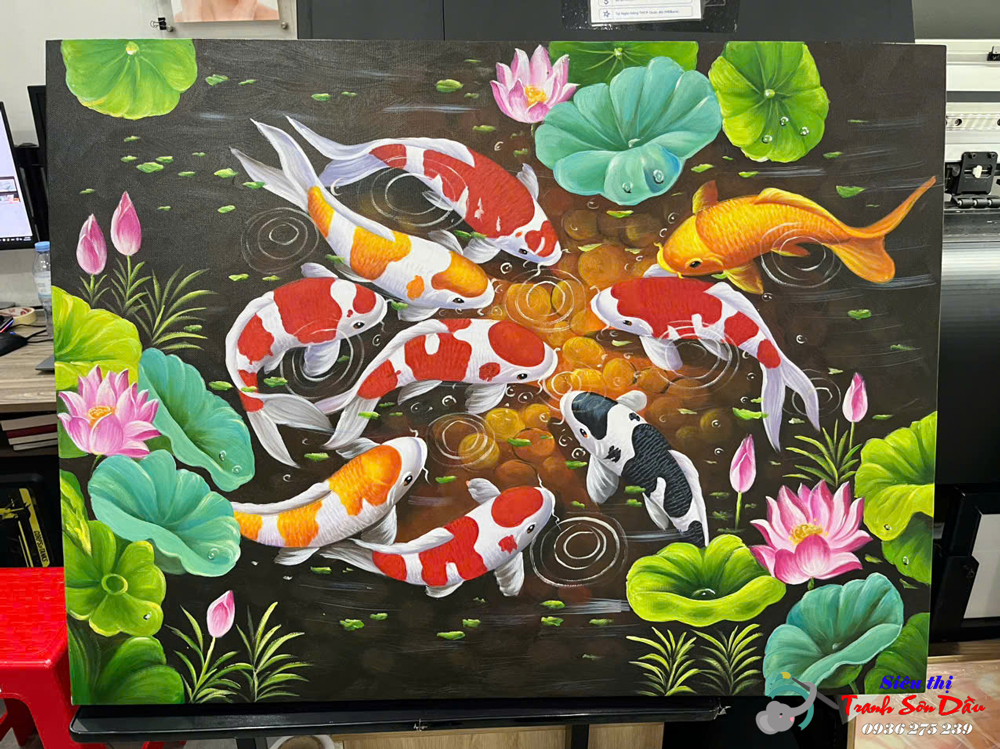 Tranh sơn dầu 9 cá quần hội độc đáo mẫu STT622, đặt tranh đẹp