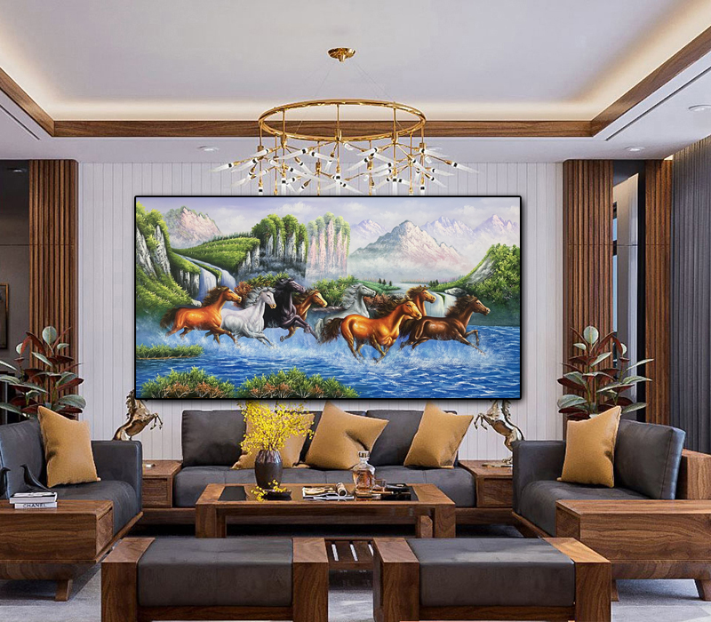 Tranh mã đáo thành công chạy dưới nước 135x75 đẹp, tranh sơn dầu