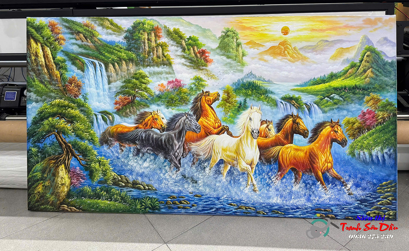 Tranh sơn dầu bát mã vượt suối chính hãng đẹp sang trọng