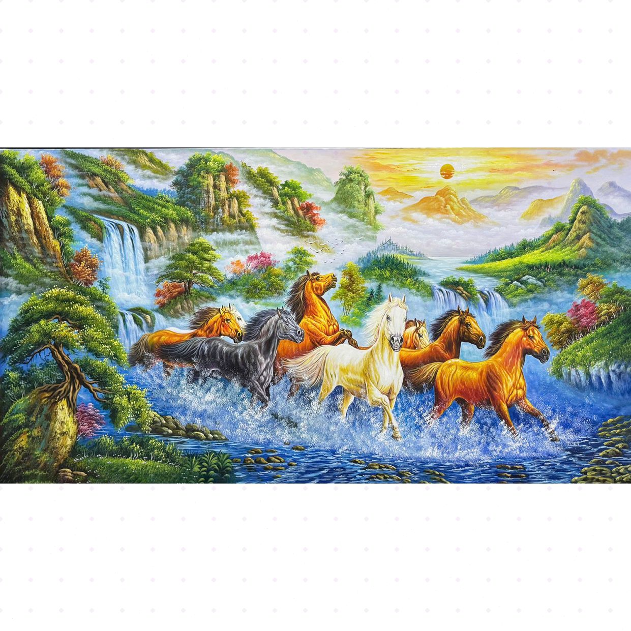 Tranh sơn dầu bát mã vượt suối chính hãng đẹp sang trọng 
