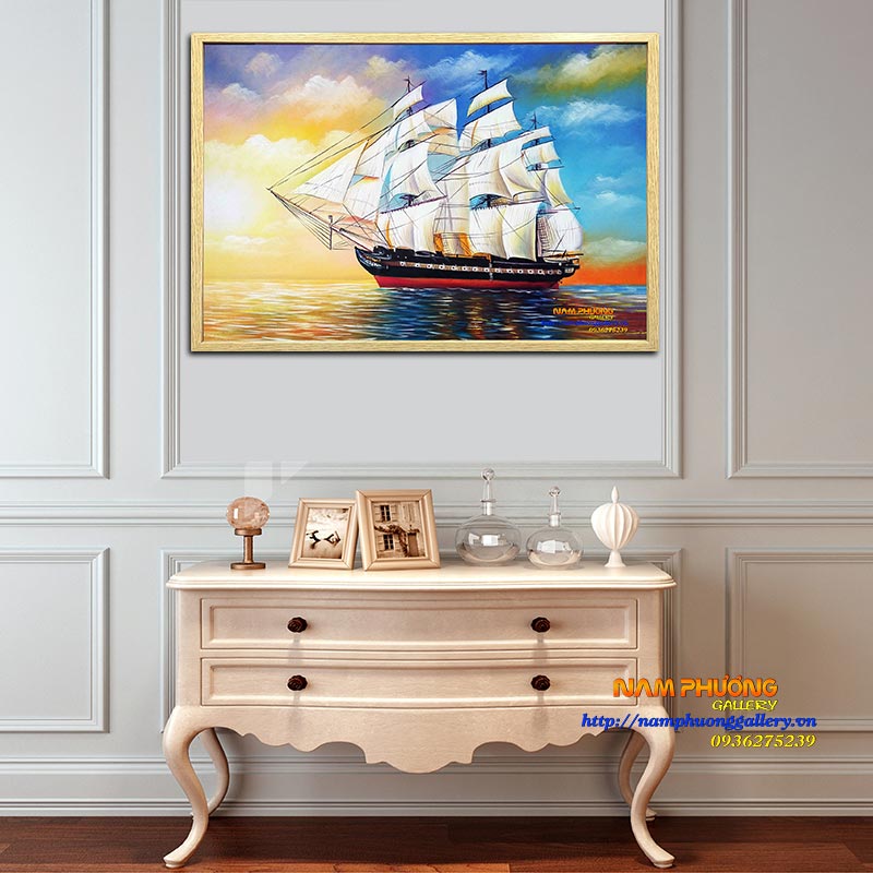 Tranh sơn dầu Thuận Buồm Xuôi Gió Bình Minh đẹp sang trọng
