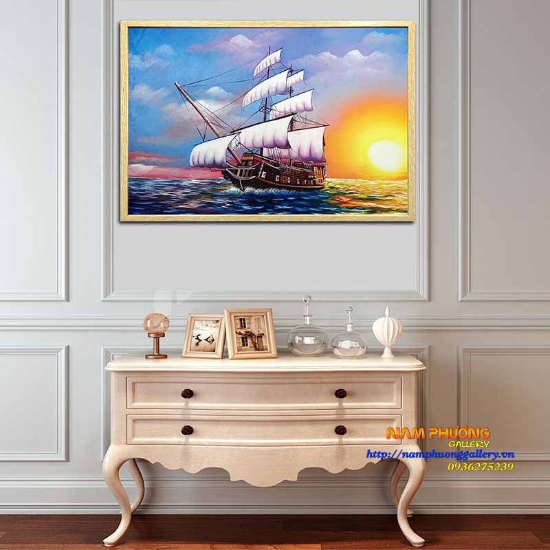 Tranh Thuyền Buồn Bình Minh 90x60cm Sơn Dầu Treo Tường Đẹp