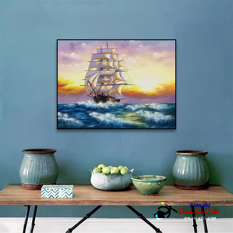 Tranh thuận buồm xuôi gió vượt sóng STT340 sơn dầu tay đẹp canvas