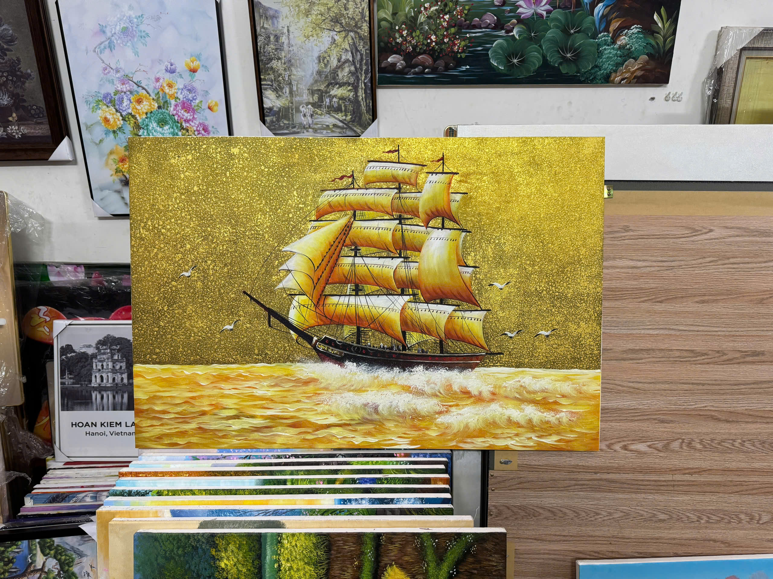 Tranh sơn dầu dát vàng Thuận Buồm Xuôi Gió đẹp tặng quà độc đáo